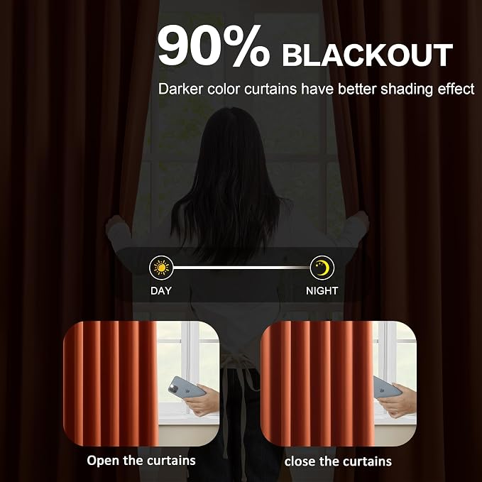 Burnt Orange Blackout Pleated Curtains Short 2 Panels Set 45 Inch Length - Image 3