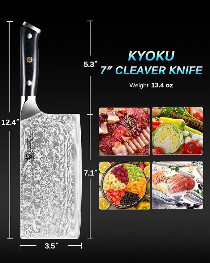 KYOKU Gin Series Vegetable Cleaver Knife, 7" Asian Vegetable Knife, Japanese VG10 Damascus Stainless Steel Knife, Professional Kitchen Knife with Silver Ion Blade G10 Handle Mosaic Pin Sheath & Case