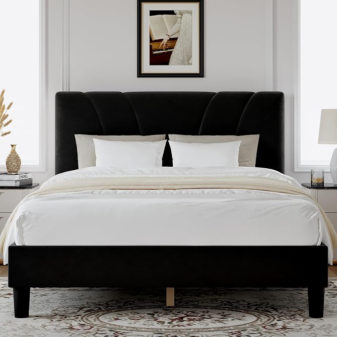 Novilla King Bed Frame and Headboard, King Bed Frame, Velvet Upholstered Bed by Novilla