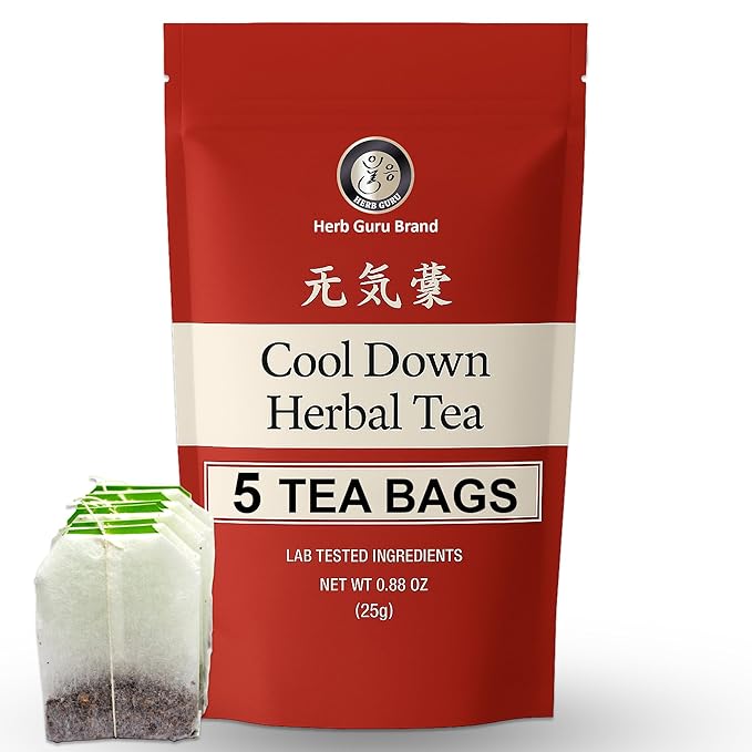 Herb Guru Cool Down Herbal Tea Bags – Herbal Heat Relief, Supports Inflammatory Response & Mood Balance with Isatis, Chrysanthemum, Honeysuckle & Licorice Root – Caffeine Free Tea, 0.88 Ounces