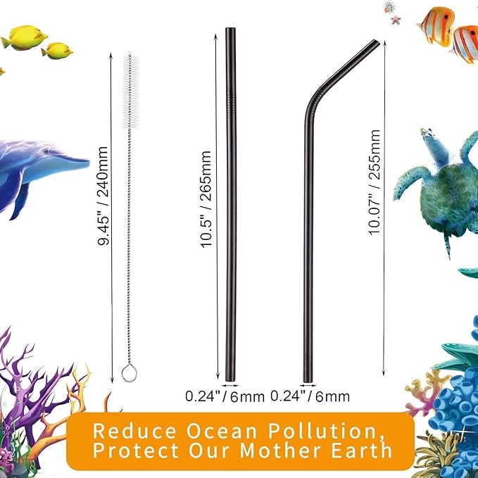 VEHHE Black Metal Straws Reusable Stainless Steel Straws with Cleaning Brush for 20/30 Oz for Yeti RTIC SIC Ozark Trail Tumblers (Black)