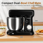 Stand Mixer with 3QT+3.5QT Dual Bowls, 10-Speed Electric 300W Food Mixer - Includes Egg Whisk, Dough Hook & Flat Beater for Home Baking & Daily Cooking (Black)