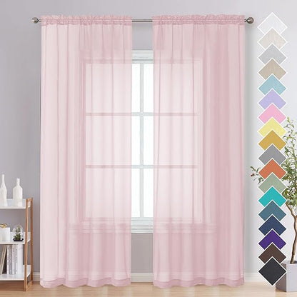 Blush Pink Sheer Curtains 84 Inches Long 2 Panels by OVZME
