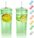 20 OZ Glass Cup with Lids and Glass Straws, High Borosilicate Iced Coffee Glass Tumblers with Lid and Straw for Drinks, 2pcs Reusable Wide Mouth Smoothie Cup(Green)