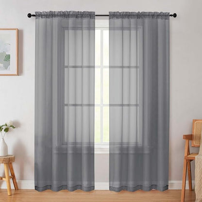 Grey Sheer Curtain for Bedroom Living Room 78 Inches Long 2 Panels Set by WelvetBLK