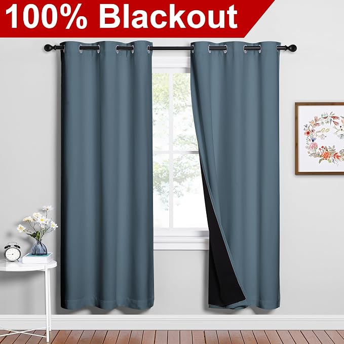 NICETOWN 100% Blackout Window Curtain Panels, Smoky Blue, 2 Pieces, 42-inch - Image 2