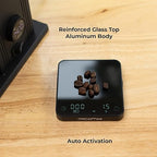 Minipress Coffee Scale, Auto Timer for Espresso and Pour-Over Coffee, Aluminum Body & Glass Top