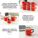 Hasense 8 oz Tea Cups and Saucers Set of 6, Ceramic Coffee Cups with Handle, Latte, Cappuccino, Espresso, Stackable for Party, Home and Kitchen, Red