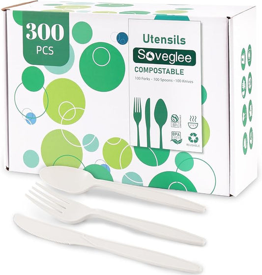 Ivory White No Plastic Silverware, Disposable Compostable Utensils 100 Forks 100 Spoons 100 Knives Disposable Cutlery, Eco Friendly Compostable Utensils, Disposable Forks Spoons Knives Set