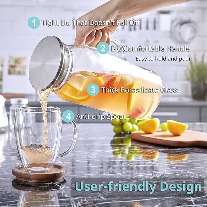 2 Liter 68 oz Glass Pitcher with Lid and Spout, Bivvclaz Glass Carafe for Hot/Cold Water, Large Iced Tea Pitcher for Coffee, Juice and Homemade Beverage