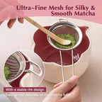 Matcha Whisk Set, 8Pcs Floral Ceramic Matcha Set with Matcha Whisk, Holder, Scoop, Scoop Rest, Sifter, Spoon and Tea Towel - Thoughtful Matcha Whisk Gift for Matcha Lovers (Beige & Pink)