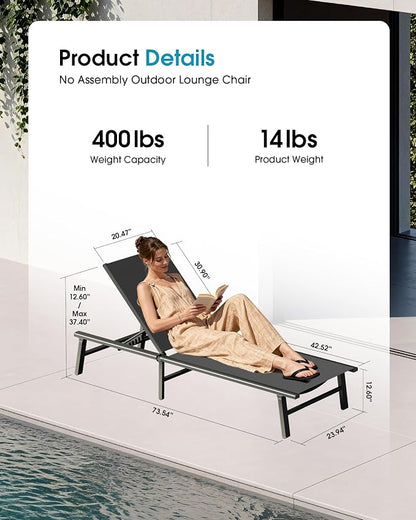 Ciokea Foldable Outdoor Lounge Chair Set of 4, No Assembly Aluminum Chaise - Image 2