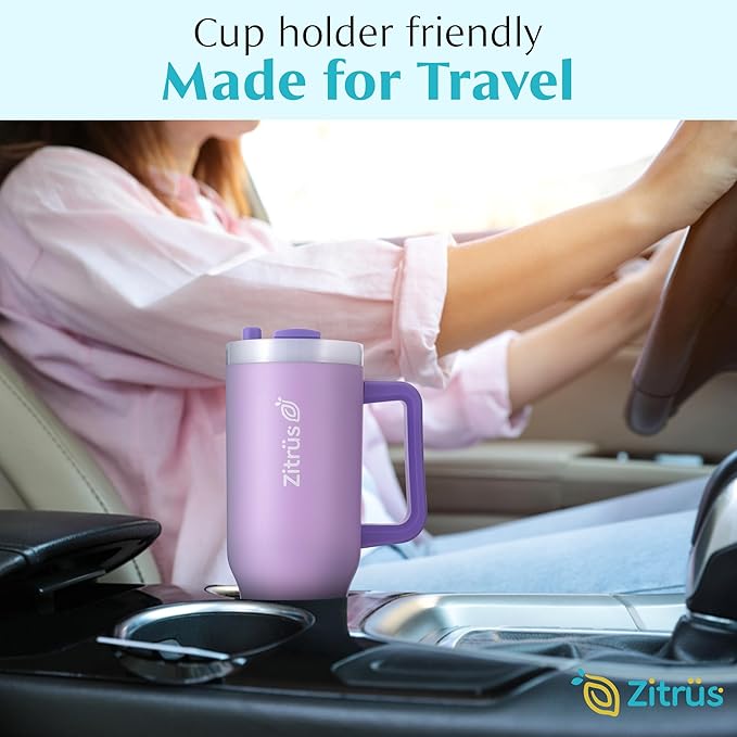 40 oz Tumbler with Handle and Straw | Leak Proof Insulated Stainless Steel Water Bottle Travel Mug Fits in Cup Holder | Keeps Cold Hot | Gifts for Women Men Him Her (Violet, 40 oz)