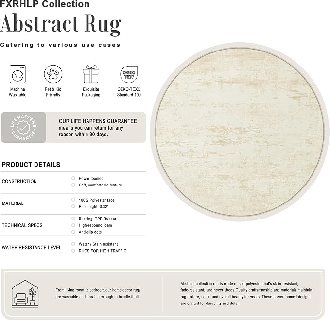 Round Area Rug Living Room: 6 ft Modern Washable Carpet Taupe | - Image 2