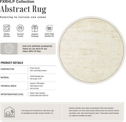 Round Area Rug Living Room: 4 ft Modern Washable Carpet Taupe | - Image 2