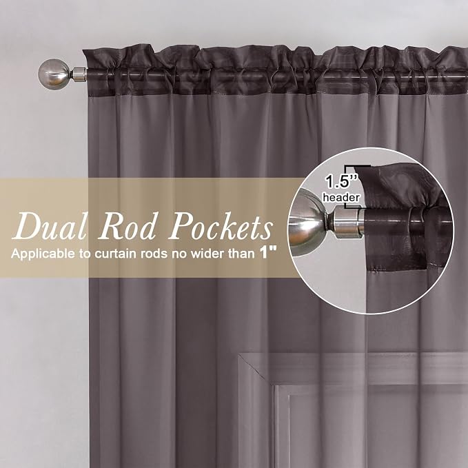 Chocolate Sheer Curtains 36 Inch Length 2 Panels, Solid Voile Small Window - Image 2