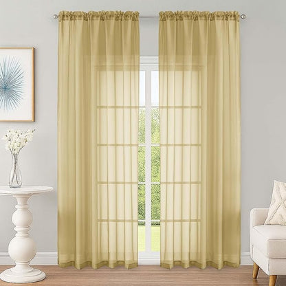 Gold Sheer Curtain 90 Inches Long 2 Panels Set, Solid Filmy Drapes by OWENIE