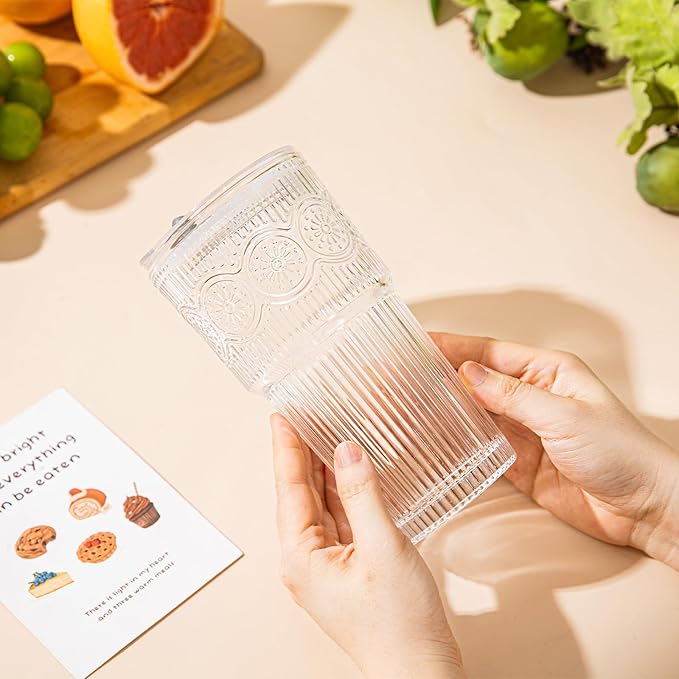 20oz Ribbed & Floral Glass Tumbler Set of 2 – Reusable Glass Cups with Lid and Glass Straw, To-Go Iced Coffee Cups for Water, Smoothie, Milk, Cocktail & More – Perfect for Daily Use & Travel
