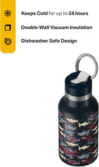 RTIC Little Journey Bottle with Straw, Insulated, Stainless Steel, Metal, Double Wall Vacuum-Insulation, Ceramic-Lined, Leak-Proof Lid, BPA-Free Water Flask for Sports, Travel, Navy Sharks