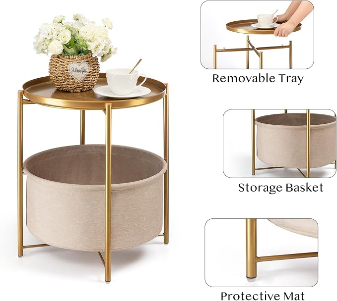 danpinera Gold Side Table with Fabric Storage Basket, Metal Round Side Small - Image 4