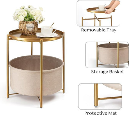 danpinera Gold Side Table with Fabric Storage Basket, Metal Round Side Small - Image 4