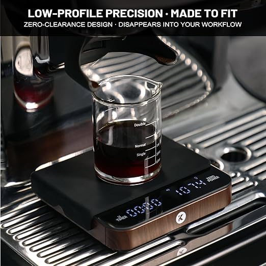KitchenTour CaféMetric Coffee Scale with Timer 0.1g/2000g - Precision Scale for Espresso & Pour Over - Water Flow Speed Mode and Coffee Powder-to-Liquid Ratio Mode - Rechargeable, LCD Display-Wood