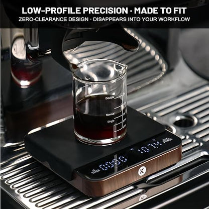 KitchenTour CaféMetric Coffee Scale with Timer 0.1g/2000g - Precision Scale for Espresso & Pour Over - Water Flow Speed Mode and Coffee Powder-to-Liquid Ratio Mode - Rechargeable, LCD Display-Wood