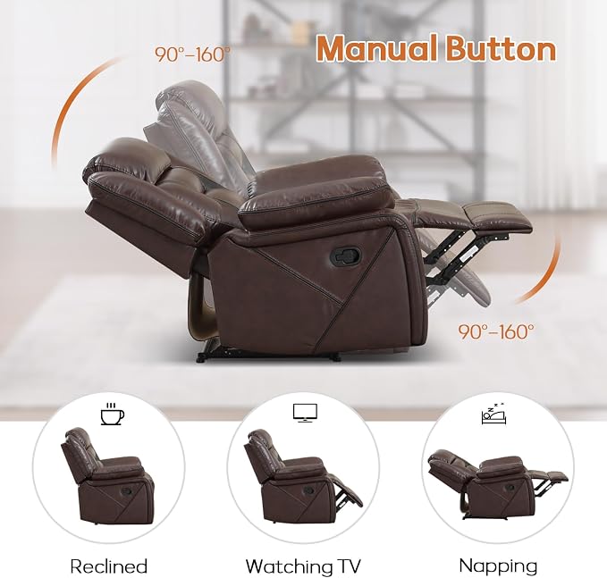 EBELLO Faux Leather Manual Reclining Sofa, 3 Seat Recliner Sofa Chair, Couch - Image 4