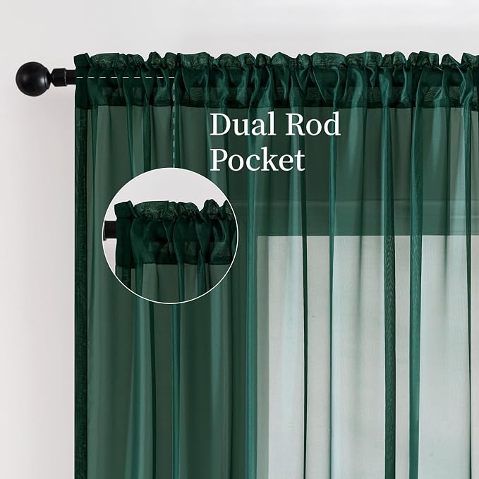 MIULEE Hunter Green Sheer Curtains 54 X 90 Inches, 2 Panels | Solid Color - Image 3