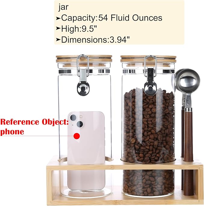 KKC Airtight Tall Glass Coffee Sugar Jar Canisters with Hinged Lids and Scoops for Kitchen Countertop,Sealed Glass Containers for Ground Coffee, Beans,Brown Sugar,Loose Tea,Cereal,Oatmeal,Flour