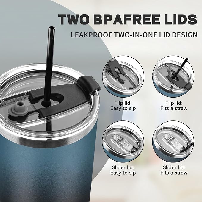 30 oz Tumbler with Lids and Straws, Stainless Steel Insulated Coffee Tumbler, Double Wall Vacuum Insulated Travel Mug Cup, Leakproof Thermal Coffee Cup for Hot and Cold Drinks (Blue Black)
