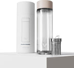 Glass Multi Tea Infuser Bottle 14oz - Double Wall Borosilicate Glass Flask | No Plastic Touches Contents | Perfect for Office or Home - Beige