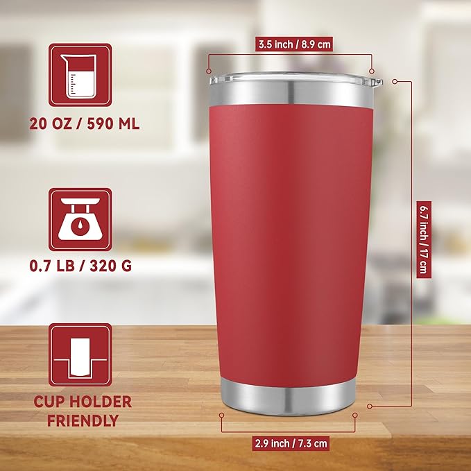 20 oz Tumblers Bulk Stainless Steel Tumbler with Lid Double Wall Vacuum Insulated Coffee Mug 20oz Powder Coated Cup for Hot and Cold Drinks, Red, 12 pack