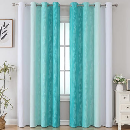 Teal and Grayish White Ombre Blackout Curtains Living Room 102 Inches Long | - Image 2