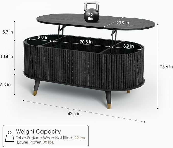 SULIVES Oval Coffee Table with Storage, Small Fluted Center Table - Image 2