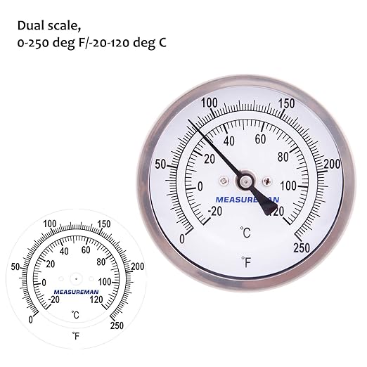 MEASUREMAN Fully Stainless Steel Pot, Kettle, Brewing Bimetal Thermometer, 3" Dial, 2-1/2" Stem, 0-250 deg F/-20-120 deg C, -1% Accuracy, Adjustable, 1/2" NPT Back Mount