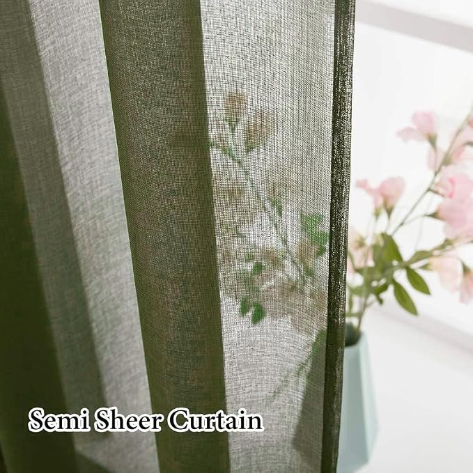 MIULEE Semi Transparent Olive Green Linen Textured Sheer Curtains 54W×90L | - Image 4