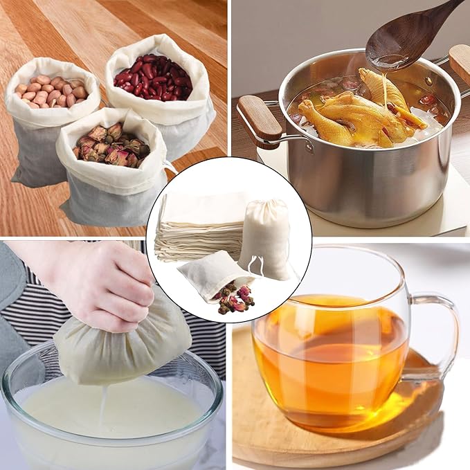Eketirry Spice Bags, 10pcs Reusable Empty Tea Bags, Muslin Strainer Bags, Soup Bags for Cooking, Natural Cotton Fine Mesh Cheesecloth Bags for Cold Brew Coffee(3 x4" &8 x10")