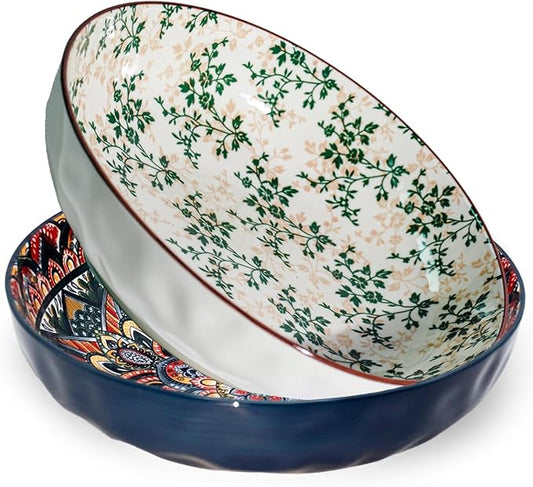 75 Oz Serving Bowls,2 Pack Bohemian Style Large Porcelain Dishes for Entertaining Parties,Big Bowls for Eating Soup, Salad, Pasta, Fruit, Chips, 10.3 Inch Diameter (blue Beige)