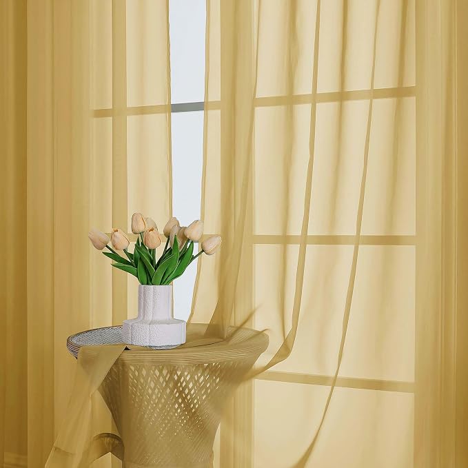 Chyhomenyc Sheer Gold Curtains 90 inches Long 2 Panels, Light Filtering Soft - Image 3