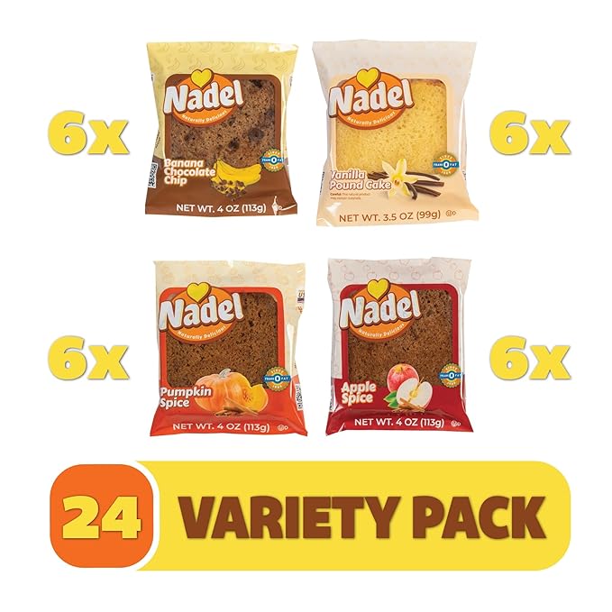 Nadel - Naturally Delicious Sweet Breads Variety Pack (Banana Chocolate Chip, Vanilla Pound Cake, Apple Spice, Pumpkin Spice). (24 Pack, 6 Breads Per Flavor)