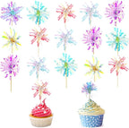30 Pieces Happy Birthday Cake Toppers Foil Firework Cupcake Toppers Sparkle Tinsel Flower Drink Stirrers for Cake Decoration Party Supplies