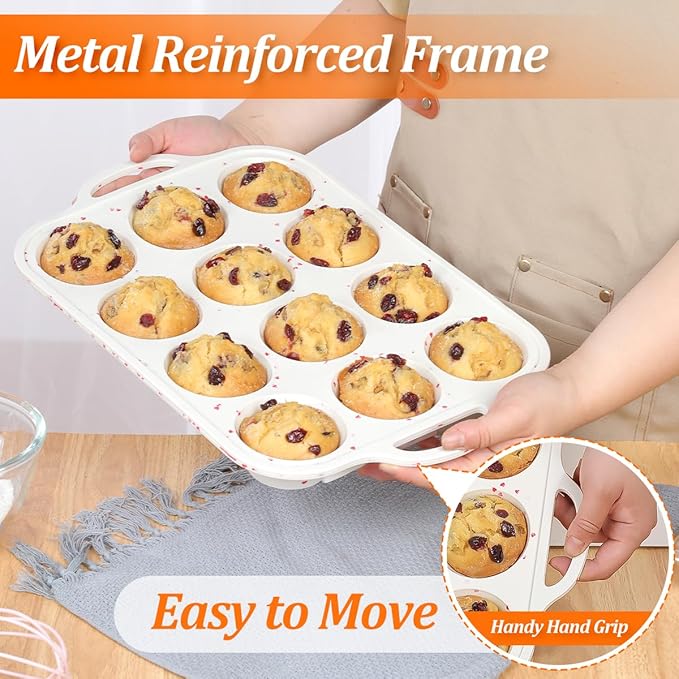 CAKETIME Silicone Muffin Pan, Metal Reinforced Frame Silicone Cupcake Pan Easy to Handle 12 Cups for Valentine's Day Baking Nonstick Regular Size Muffin Tin 1 Pack Love Heart