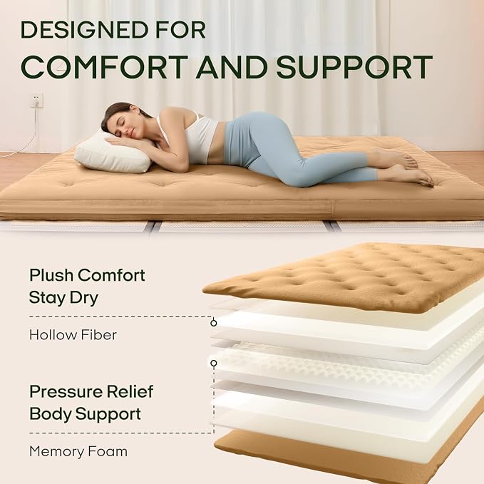 ZonLi Japanese Floor Futon Mattress Queen Size 80"x 60", 100% Cotton Cover 4'' - Image 4