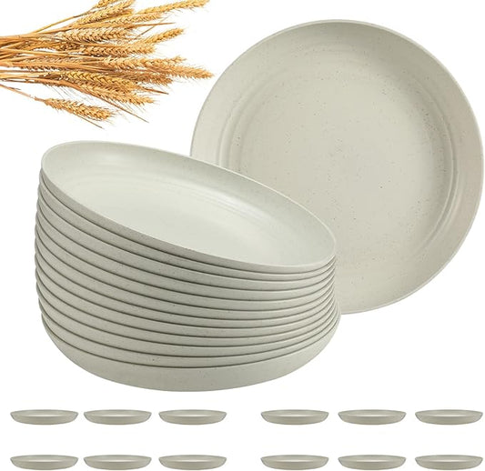 12 Pcs Unbreakable Deep Dinner Plates Set, 9 inch Reusable Plastic Wheat Straw Plates, Microwave and Dishwasher Safe Plate for Kitchen, Lightweight Plate for Dessert, BPA Free, Beige