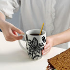16oz Black and White Boho Floral Mug - Unique Coffee Mugs and Tea Cup, Novelty Ceramic Cups Gifts for Women and Men.