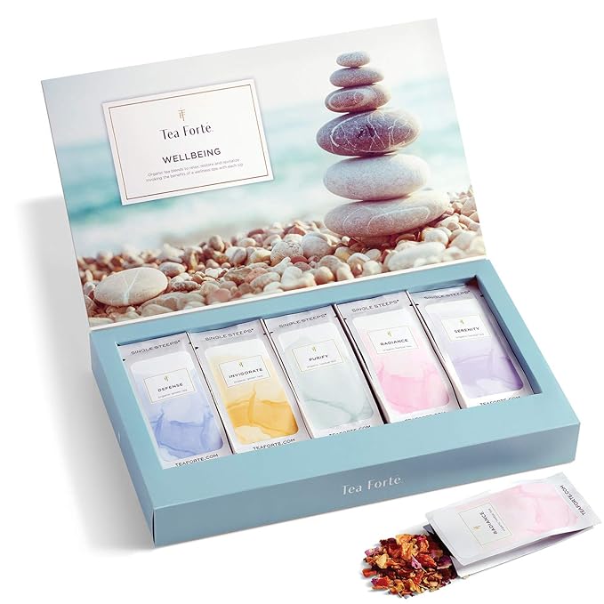 Tea Forte Wellness Tea Assortment Single Steeps Loose Leaf Premium Tea Gift Set Sampler, 15 Count 3 of Each Assorted Blends, Pre-Portioned Single Serve Pouches, Steeps 12 oz