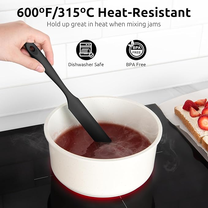 U-Taste Skinny Silicone Jar Spatula: 600ºF Heat-Resistant Food-Grade 10in Long Narrow Sourdough Stirring Stick, Seamless Flexible Peanut Butter Spreader for Scraping Icing Bread Cream, Jam (Black)