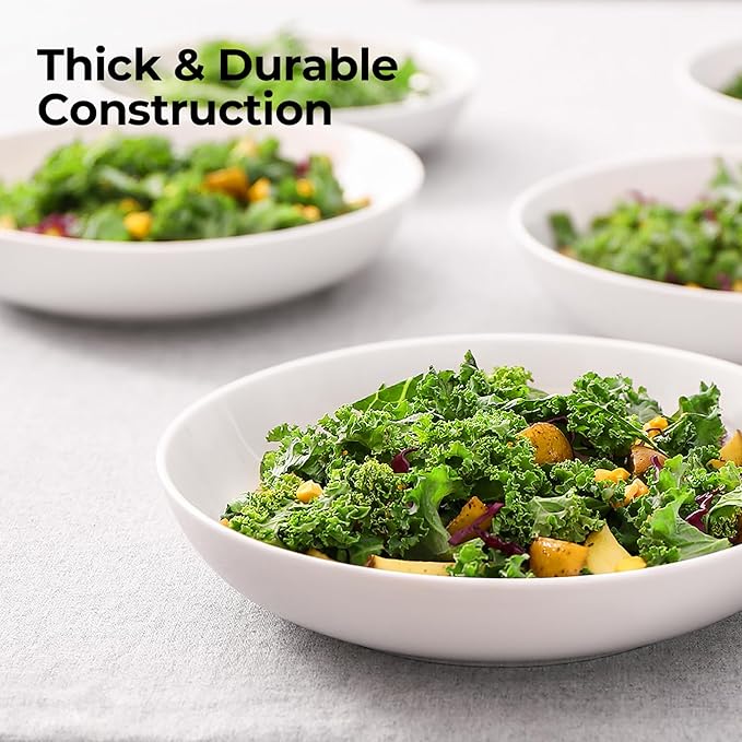 Y YHY 9.75" Large Pasta Bowls, 50 Ounces Big Salad Bowls, Ceramic Serving Bowl Set of 4, Wide and Shallow Bowls Set, Microwave and Dishwasher Safe, White