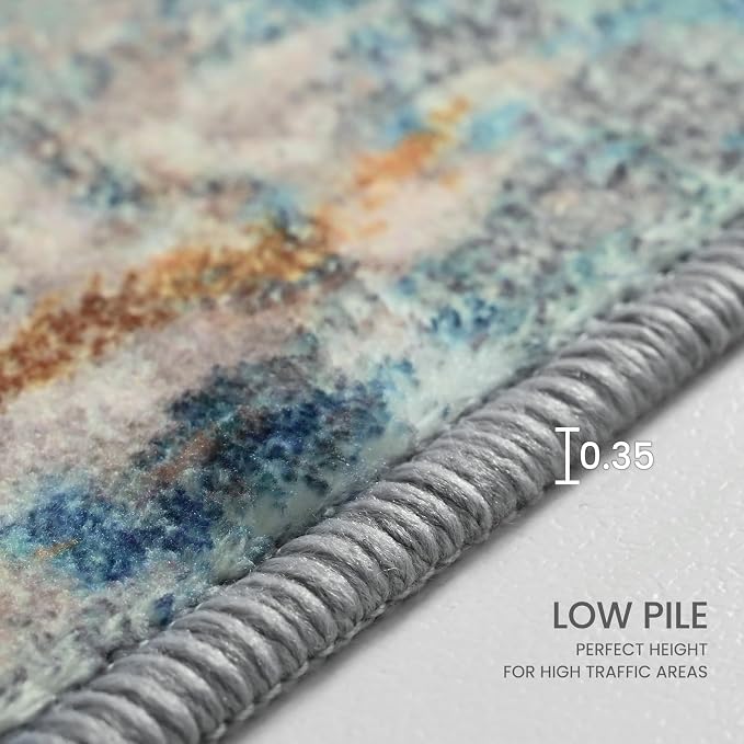 Area Rug 4x6 Blue Rug Washable Boho Rugs Non Slip Low Pile Abstract Small Carpet - Image 4